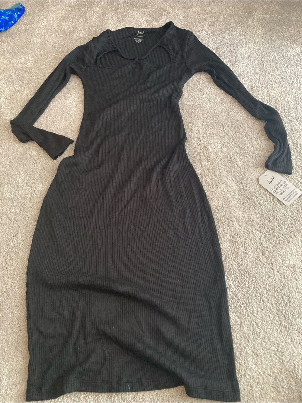Ribbed Black Long-Sleeve Midi Dress with cutout Neckline